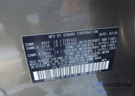 2025 Subaru Outback Premium z USA, uszkodzony, nr VIN 4S4BTADC5S3300804